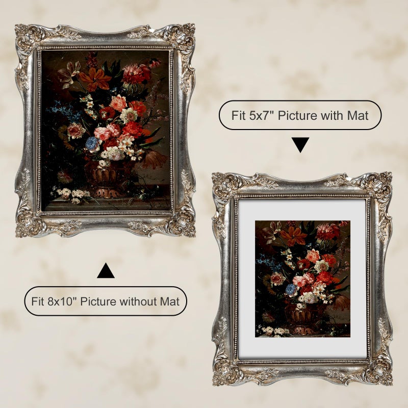 FJXMFRAME Vintage Picture Frame 8x10, Ornate Baroque Gothic Victorian Frames with Mat for 5x7 or 8x10 Photos, Tabletop or Wall Display, Antique Silver Home Decor Accent - Image 2