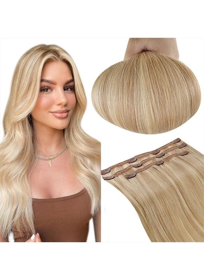 RUNATURE - Clip in Hair Extensions Blonde Highlight Human Hair Extensions Clip in Remy Hair Golden Blonde with Light Blonde Hair Clip in Extensions Full Ends Remy Brazilian Straight Hair 18 Inch 50g - Image 1