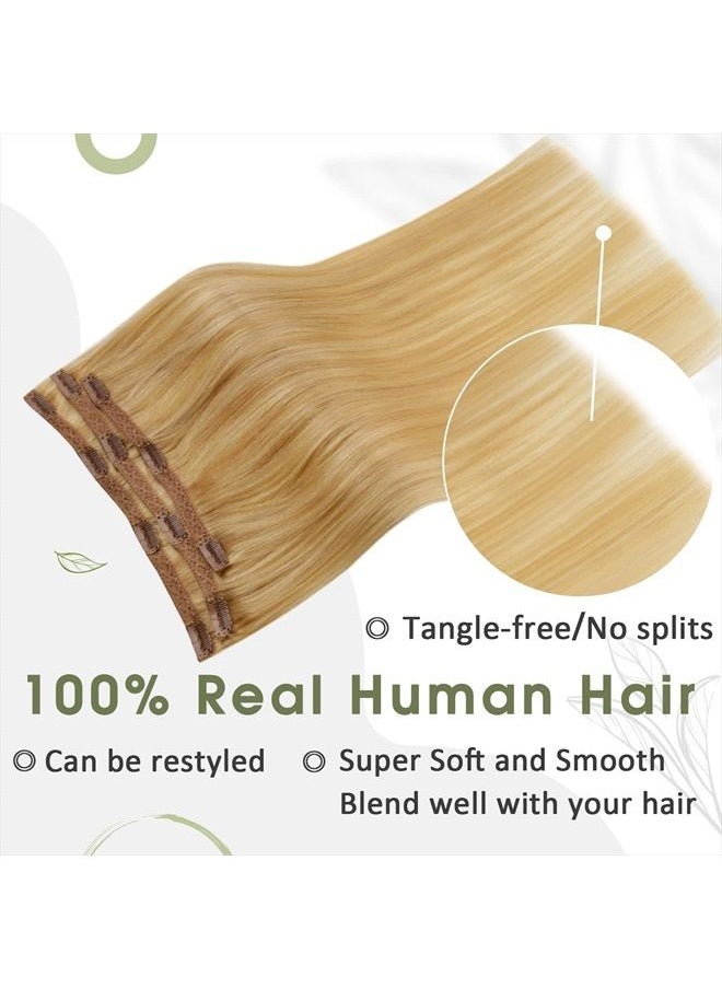 RUNATURE - Clip in Hair Extensions Blonde Highlight Human Hair Extensions Clip in Remy Hair Golden Blonde with Light Blonde Hair Clip in Extensions Full Ends Remy Brazilian Straight Hair 18 Inch 50g - Image 1