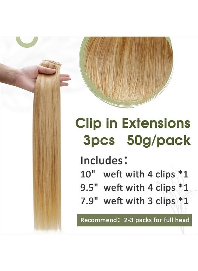 RUNATURE - Clip in Hair Extensions Blonde Highlight Human Hair Extensions Clip in Remy Hair Golden Blonde with Light Blonde Hair Clip in Extensions Full Ends Remy Brazilian Straight Hair 18 Inch 50g - Image 1