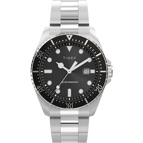 TIMEX ساعة تيمكس للرجال مستوحاة من الغوص 42 مم - سوار بلون فضي بقرص أسود وحالة فضية - Image 1