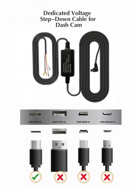 Dedicated Voltage Step-Down Cable for Dash Cam, Type C USB Hard Wire Kit 12V-30V to 5V Hardwire Kit with Low Voltage Protection 13ft/320cm Car Dash Camera Charger Power Cord for Dashcam Supply Radar Detectors