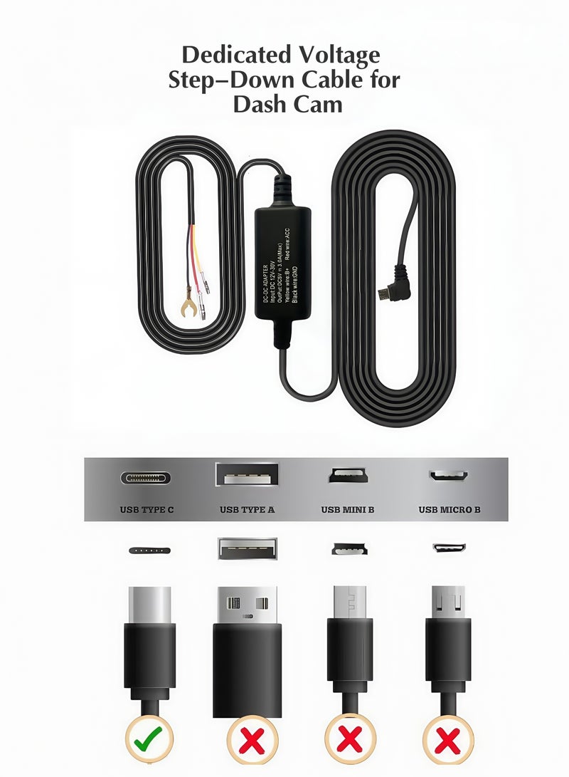 Generic Dedicated Voltage Step-Down Cable for Dash Cam, Type C USB Hard Wire Kit 12V-24V to 5V Hardwire Kit with Low Voltage Protection 13ft/320cm Car Dash Camera Charger Power Cord for Dashcam Supply Radar Detectors  - Image 1