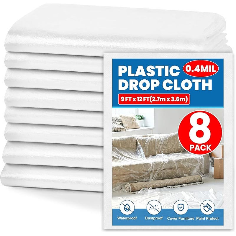 NUITPY 8 Pieces Plastic Drop Cloth for Painting, 9 x 12 Feet Painters Plastic, Waterproof Clear Plastic Tarp, Dustproof Plastic Sheeting for Furniture Cover - Image 1