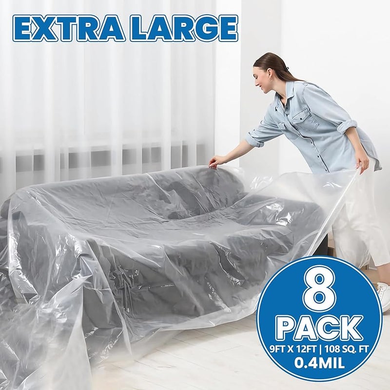 NUITPY 8 Pieces Plastic Drop Cloth for Painting, 9 x 12 Feet Painters Plastic, Waterproof Clear Plastic Tarp, Dustproof Plastic Sheeting for Furniture Cover - Image 3