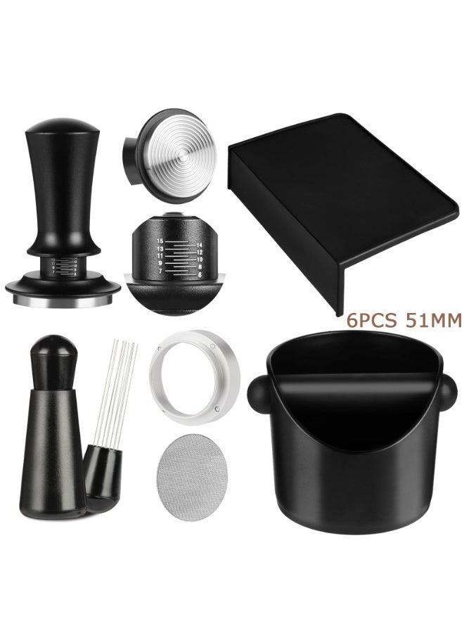 WALALLA 6 PCS Espresso Machine Accessories Kit, Espresso Accessories,Coffee Tamper Tools Set with Espresso Tamper,Coffee Tamping Mat,WDT Distribution Tool,Knock Box,Dosing Funnel and Puck Screen(51mm)