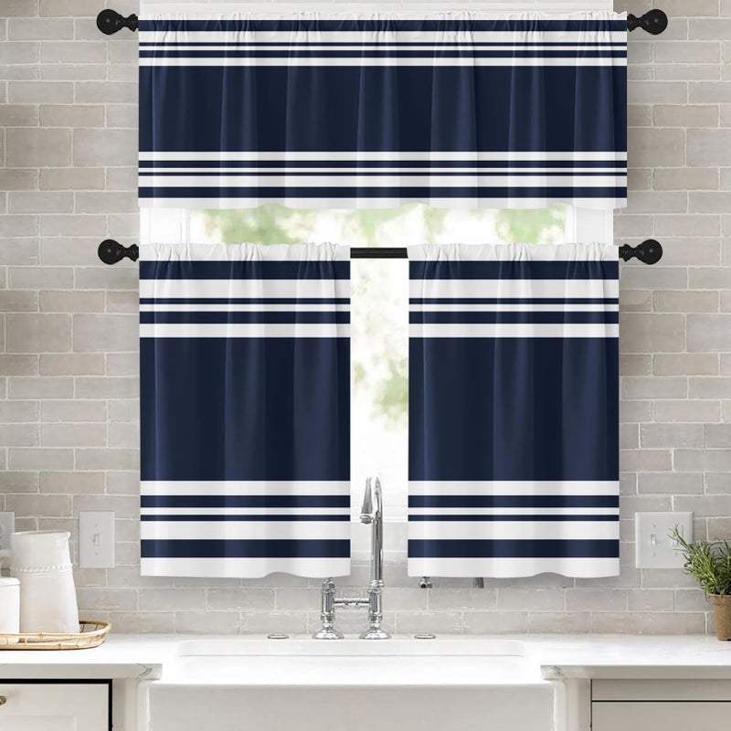 Tayney Navy Blue Kitchen Window Curtains Valance and Tier Set 36 Inch, Striped Abstract Rod Pocket Short Tier Curtain for Bathroom, Modern Small Cafe Drapes for Kitchen Decor - Image 1