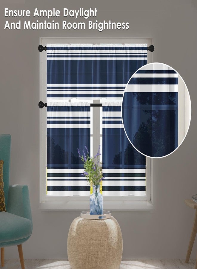 Tayney Navy Blue Kitchen Window Curtains Valance and Tier Set 36 Inch, Striped Abstract Rod Pocket Short Tier Curtain for Bathroom, Modern Small Cafe Drapes for Kitchen Decor - Image 2