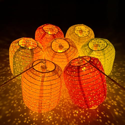 Aiminjey 12Pcs Chinese Paper Lanterns with LED Lights, Hollow Out Hanging Asia Japanese Paper Lamps with Tassels Walking Sticks 8 In Lantern for Chinese New Year Lanterns Decorations(oval-shaped) - Image 1