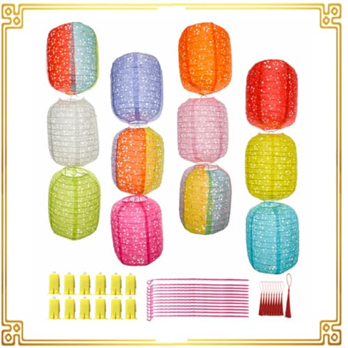 Aiminjey 12Pcs Chinese Paper Lanterns with LED Lights, Hollow Out Hanging Asia Japanese Paper Lamps with Tassels Walking Sticks 8 In Lantern for Chinese New Year Lanterns Decorations(oval-shaped) - Image 2
