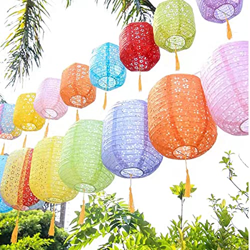 Aiminjey 12Pcs Chinese Paper Lanterns with LED Lights, Hollow Out Hanging Asia Japanese Paper Lamps with Tassels Walking Sticks 8 In Lantern for Chinese New Year Lanterns Decorations(oval-shaped) - Image 5