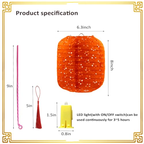 Aiminjey 12Pcs Chinese Paper Lanterns with LED Lights, Hollow Out Hanging Asia Japanese Paper Lamps with Tassels Walking Sticks 8 In Lantern for Chinese New Year Lanterns Decorations(oval-shaped) - Image 4