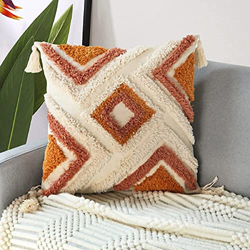 Merrycolor Boho Throw Pillow Covers 18x18 with Tassels Decorative Pillow Covers Woven Tufted Bohemian Pillow Covers for Couch Sofa Bedroom Living Room - Image 1