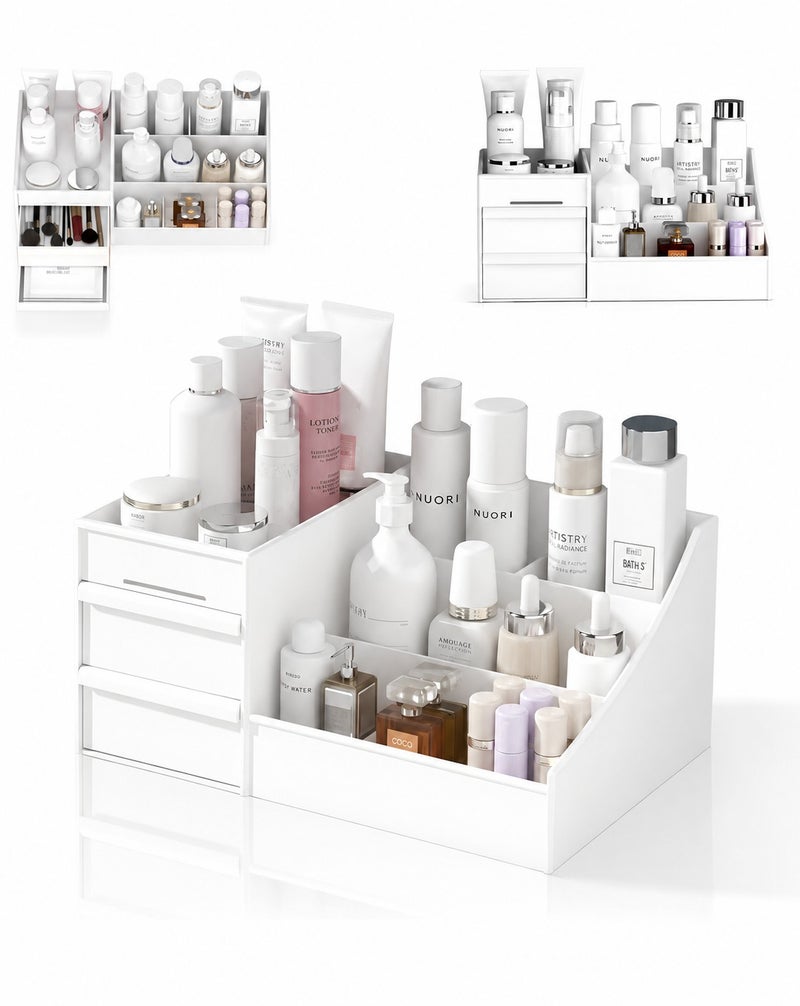 O2. White Cosmetic Storage Box – PP Material Multi-Compartment Makeup Organizer with Drawers - Image 1
