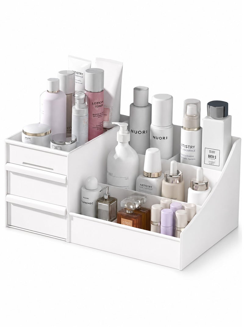 O2. White Cosmetic Storage Box – PP Material Multi-Compartment Makeup Organizer with Drawers - Image 2
