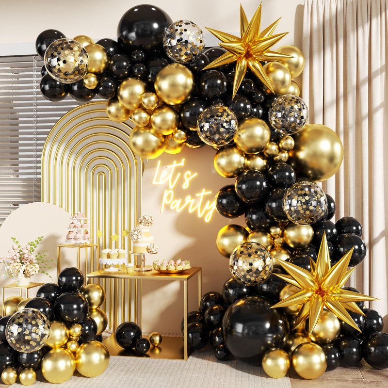LANGASQUE Black and Gold Balloon Garland Arch Kit 140Pcs Black Gold Confetti Balloons with Stars for Birthday Graduation New Year Retirement Anniversary Wedding Engagement Party Decorations - Image 3