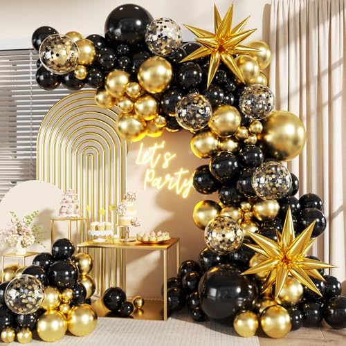LANGASQUE Black and Gold Balloon Garland Arch Kit 140Pcs Black Gold Confetti Balloons with Stars for Birthday Graduation New Year Retirement Anniversary Wedding Engagement Party Decorations - Image 1