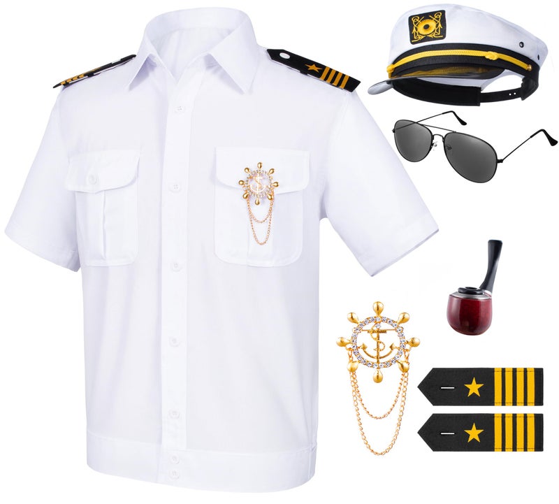TOGROP 6PCS Men's Yacht Captain Sailor Costume Adult Shirt Hat Accessories Set Party Cosplay Small White - Image 3
