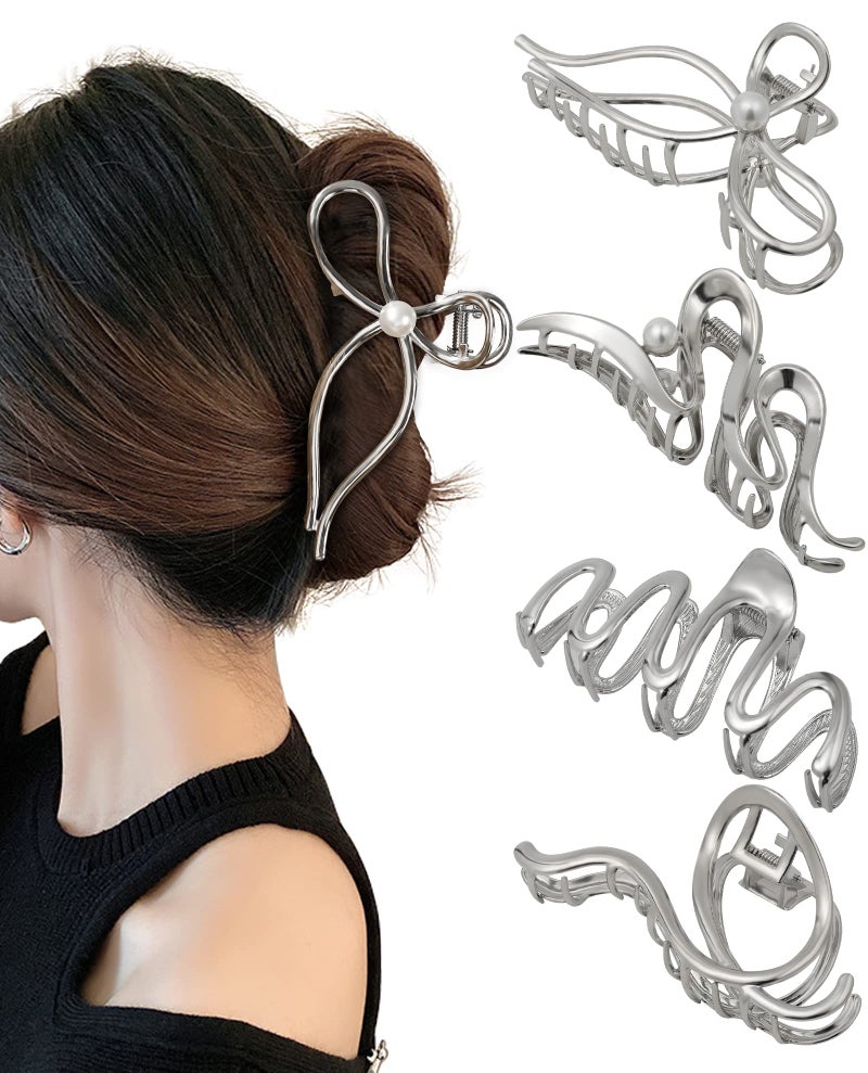 HAIMEIKANG 4 PCs Metal Hair Claw Clips - Irregular Large Clips for Women, Non-Slip Styling Accessories for Thick and Thin Hair (Silver) - Image 1
