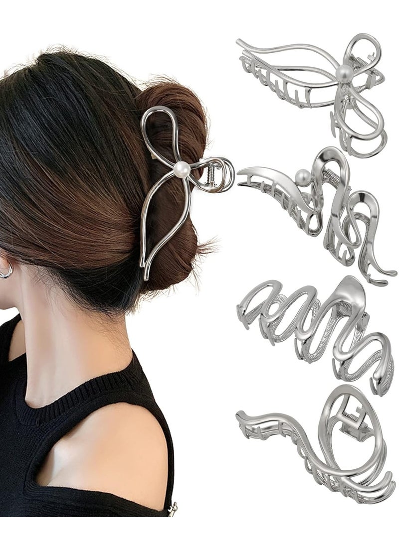 HAIMEIKANG HAIMEIKANG 4 PCs Metal Hair Claw Clips - Irregular Large Clips for Women, Non-Slip Styling Accessories for Thick and Thin Hair (Silver)  - Image 1