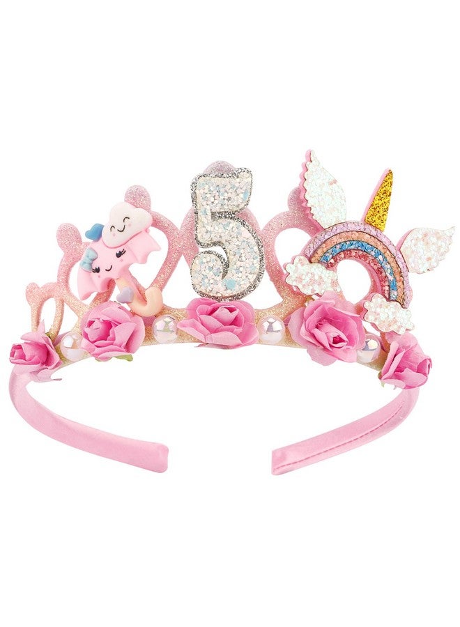 SuPoo 5th Birthday Headband Flower Birthday Crown for Girls 5th Birthday Decorations for Girl Pink Hair Band Cute 5 Year Old Princess Tiara Birthday Party Decorations Accessory Gift - Image 1
