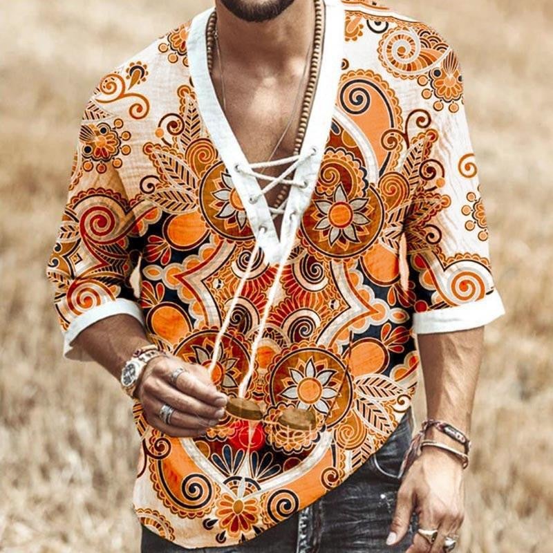 2022 New Wish Popular Men'S Chest Lace-Up Corns Half Sleeve T-Shirt Printed Shirt - Image 1