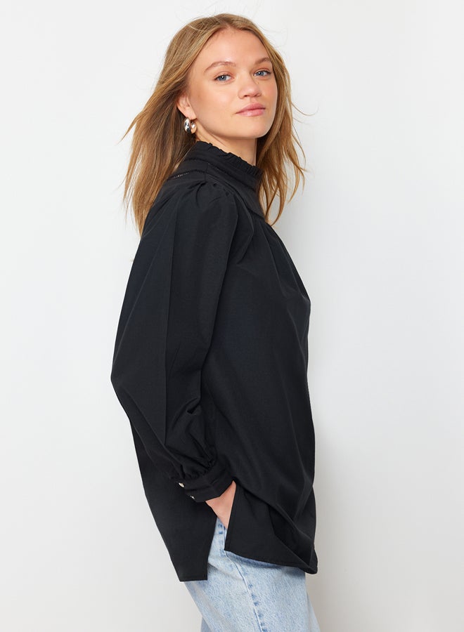 trendyol Black Woven Cotton Tunic with Embroidery Detail on Collar - Image 2