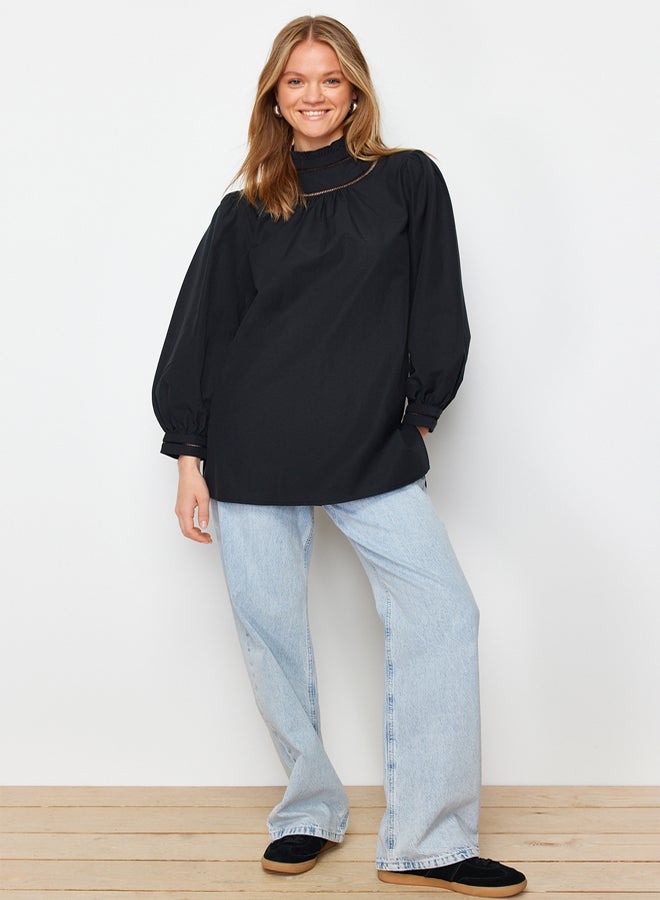 trendyol Black Woven Cotton Tunic with Embroidery Detail on Collar - Image 3