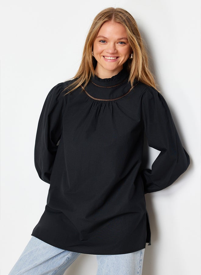 trendyol Black Woven Cotton Tunic with Embroidery Detail on Collar - Image 1