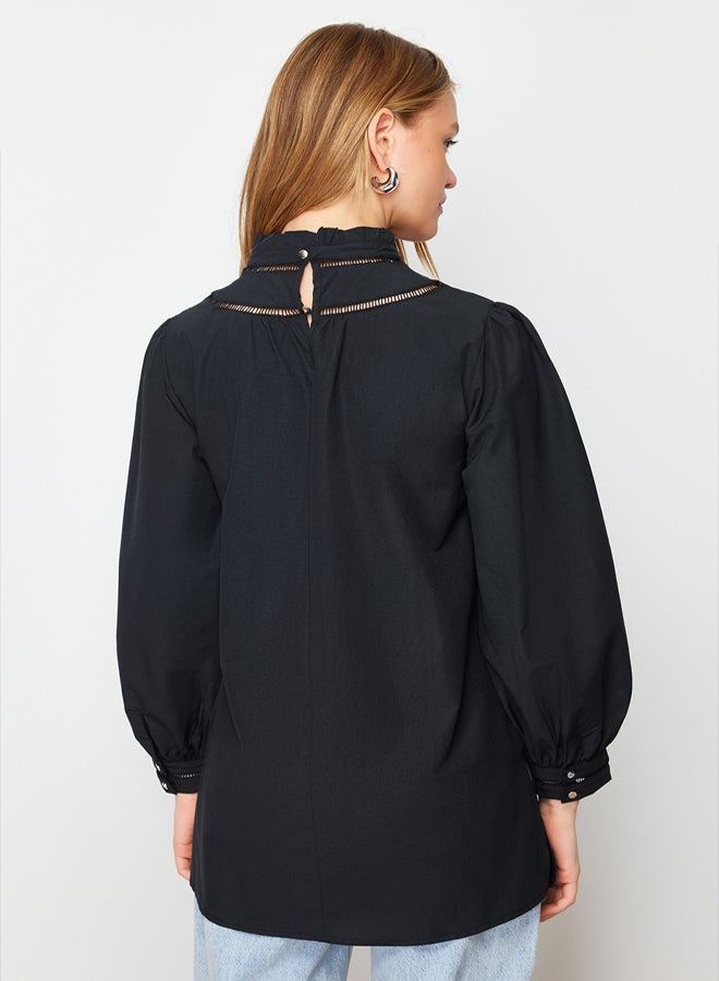 trendyol Black Woven Cotton Tunic with Embroidery Detail on Collar - Image 5