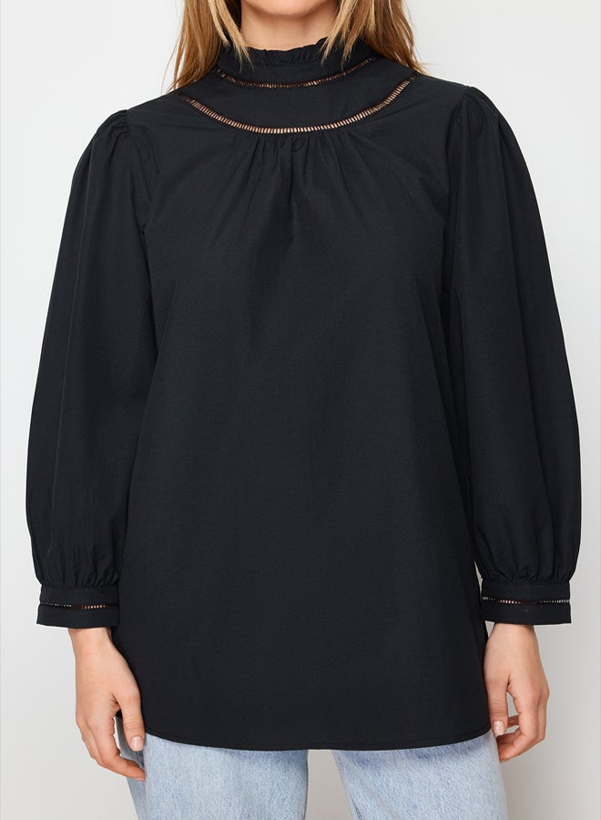 trendyol Black Woven Cotton Tunic with Embroidery Detail on Collar - Image 4
