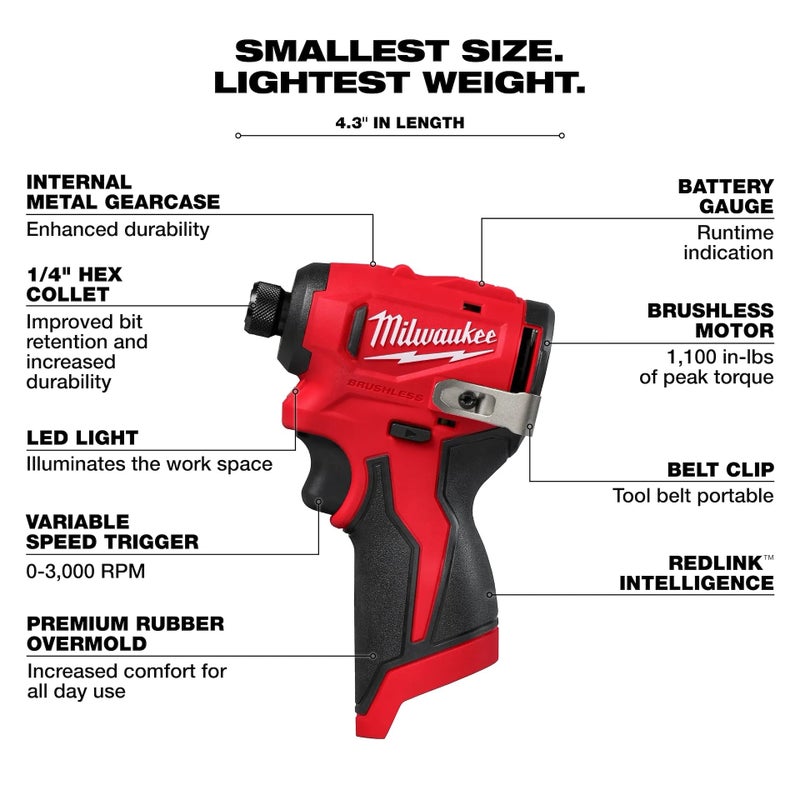 Milwaukee سائق تأثير هكس 1/4 بوصة بدون فرش Milwaukee M12 صغير الحجم (أداة عارية) - Image 4
