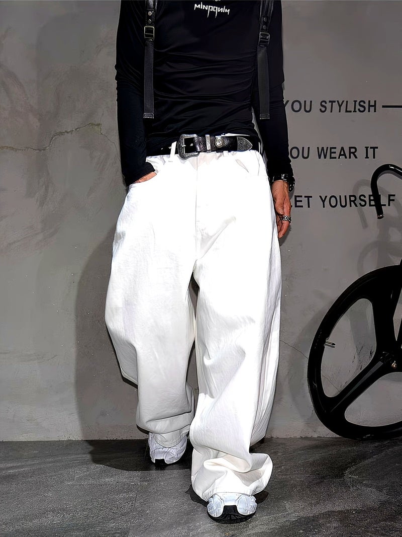 White Design Sense Wide-Leg Curved Knife Denim Pants Men'S Loose Trendy Versatile Casual Pants Trousers - Image 2