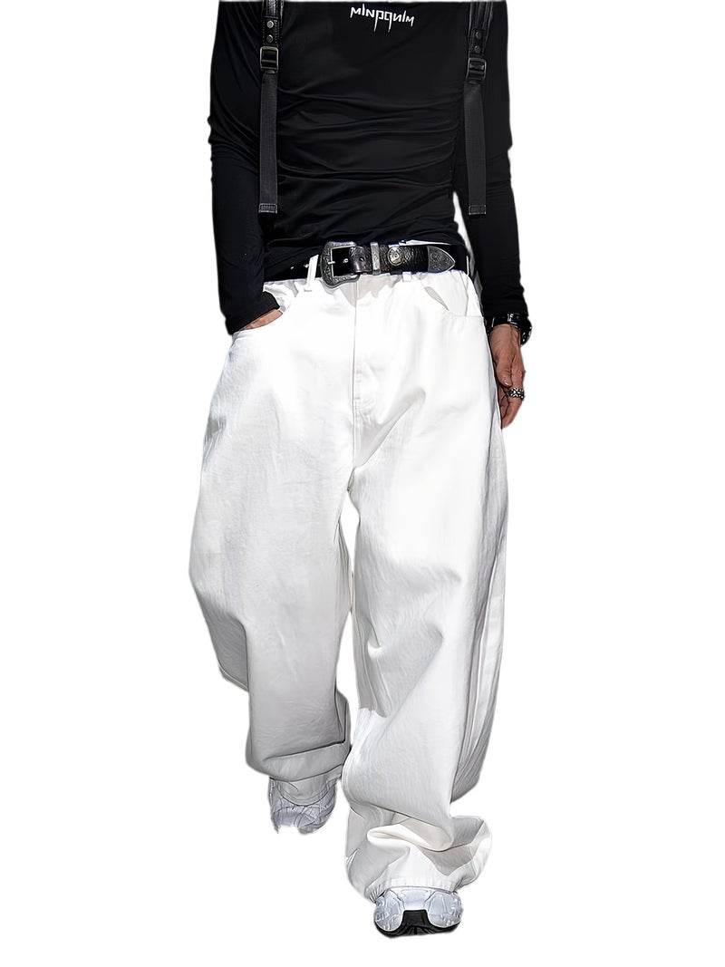 White Design Sense Wide-Leg Curved Knife Denim Pants Men'S Loose Trendy Versatile Casual Pants Trousers - Image 1