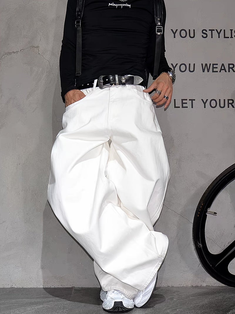 White Design Sense Wide-Leg Curved Knife Denim Pants Men'S Loose Trendy Versatile Casual Pants Trousers - Image 4