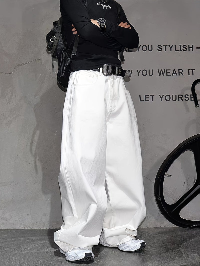White Design Sense Wide-Leg Curved Knife Denim Pants Men'S Loose Trendy Versatile Casual Pants Trousers - Image 3