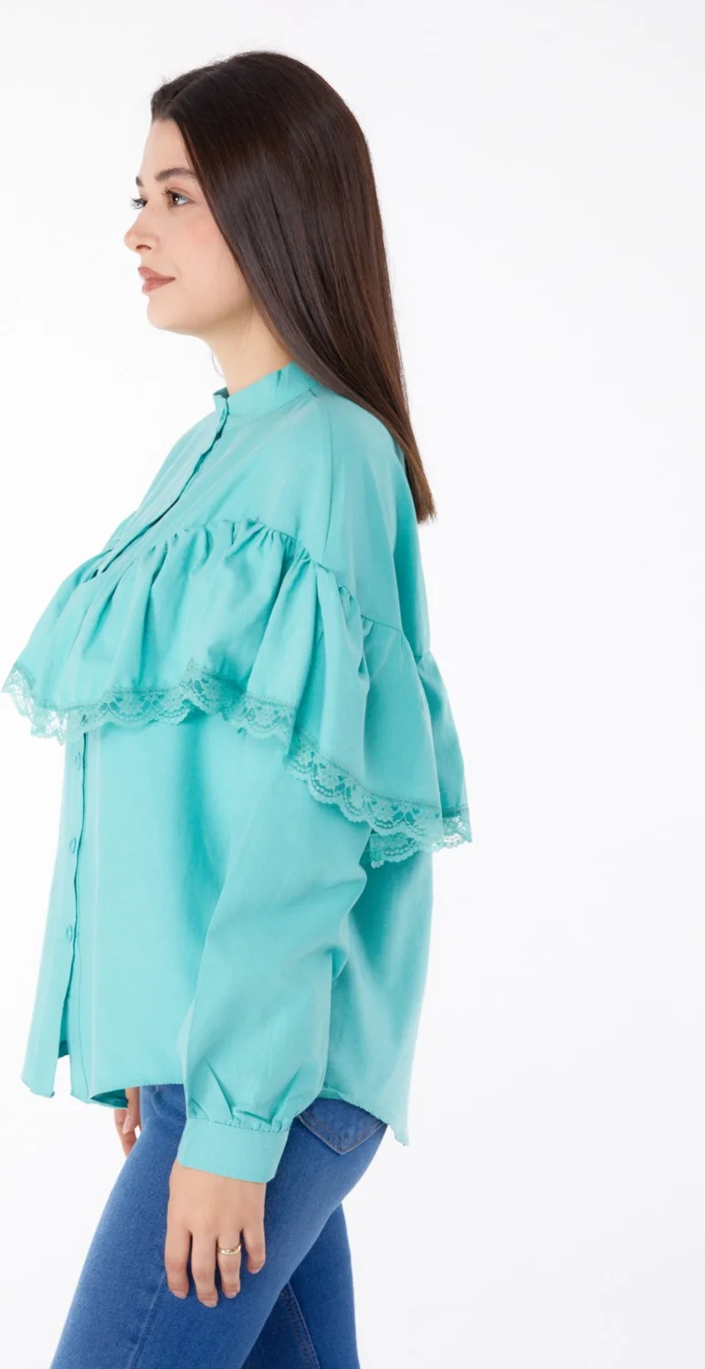 Tofisa Plain Judge Collar Women's Green Lace Shirt - 25683
