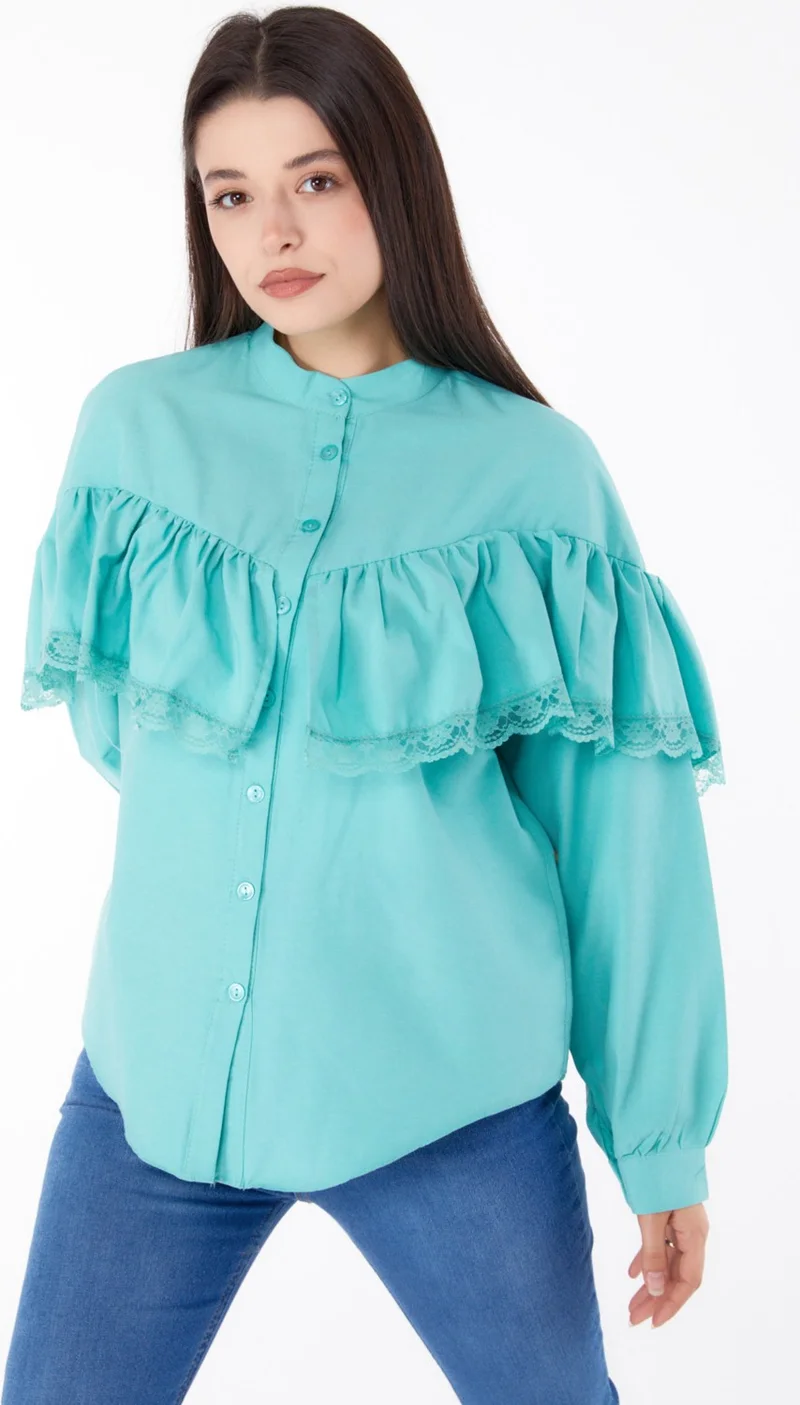 Tofisa Plain Judge Collar Women's Green Lace Shirt - 25683