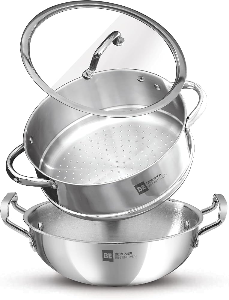 Bergner Essentials Tri-Ply Stainless Steel 3pcs Cookware Set – 24cm (3.2L) Deep Frying Pan with Steamer Pot & Glass Lid – Multipurpose Stainless Steel Wok Set for Gas & Induction, Healthy Cooking Set