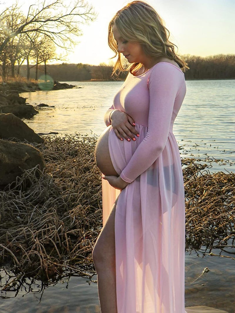 YnimioAOX Women's Off Shoulder Long Sleeve Maternity Dress for Photography Chiffon Maternity Gown for Photoshoot,Light Pink - Image 4