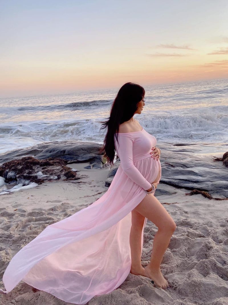 YnimioAOX Women's Off Shoulder Long Sleeve Maternity Dress for Photography Chiffon Maternity Gown for Photoshoot,Light Pink - Image 2