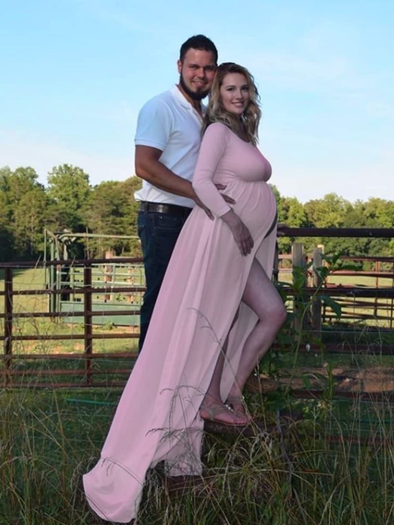 YnimioAOX Women's Off Shoulder Long Sleeve Maternity Dress for Photography Chiffon Maternity Gown for Photoshoot,Light Pink - Image 5