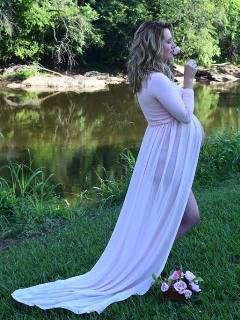 YnimioAOX Women's Off Shoulder Long Sleeve Maternity Dress for Photography Chiffon Maternity Gown for Photoshoot,Light Pink - Image 3