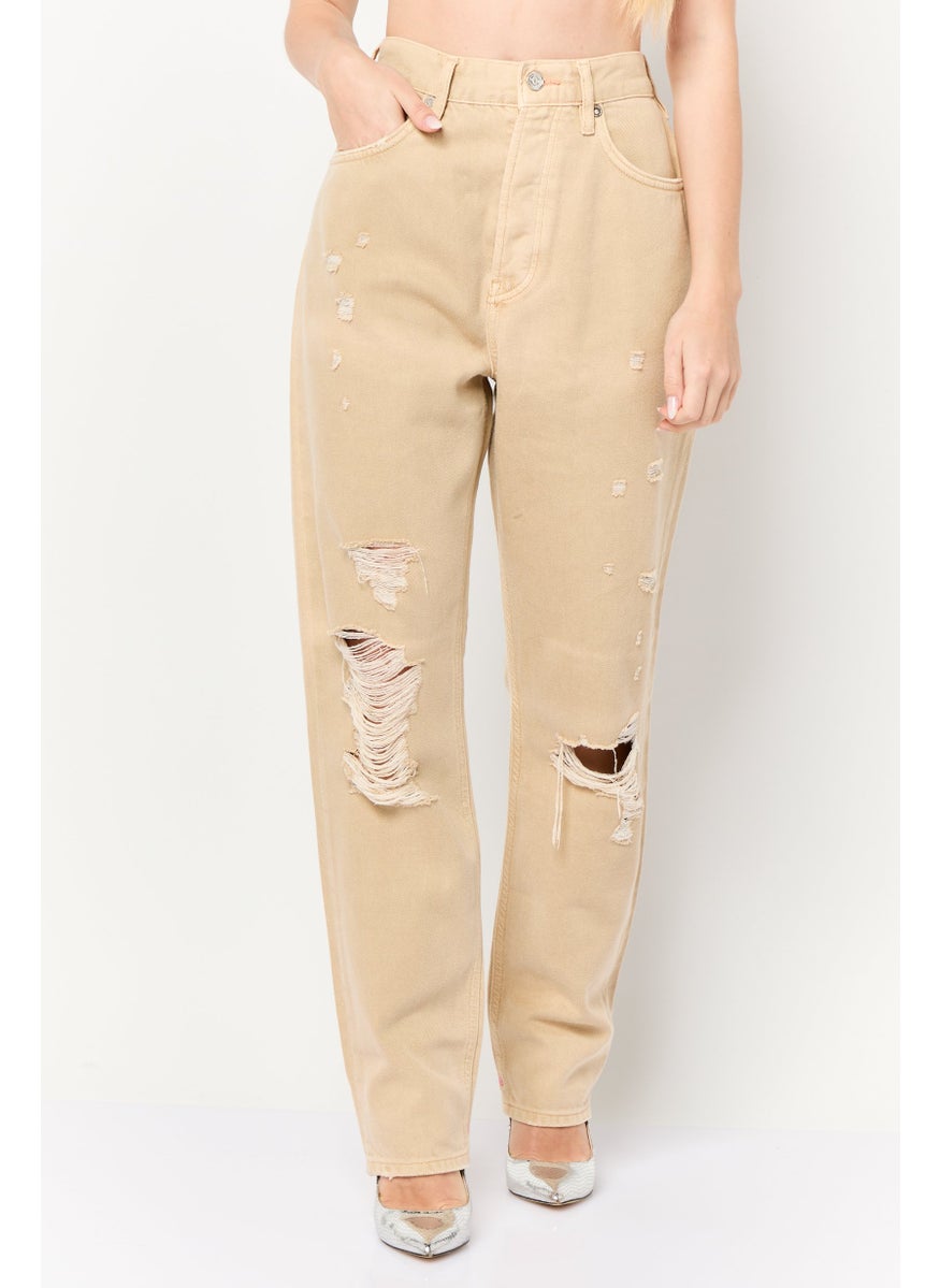 Scotch & Soda Women Boyfriend Fit Washed Non Stretchable Jeans, Beige  - Image 1