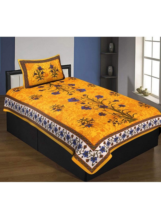 RajasthaniKart راجبستاني كارت® مريحة راجبستاني جايبوري تقليدية طباعة سانغاني 144 TC 100% قطن ملاءة سرير مفرد مع 1 غطاء وسادة - أزرق - Image 1