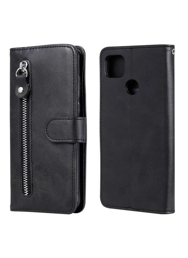 HuHa Case Cover For Xiaomi Redmi 9C Fashion Calf Texture Zipper Horizontal Flip Leather Case with Stand & Card Slots & Wallet Function Black 