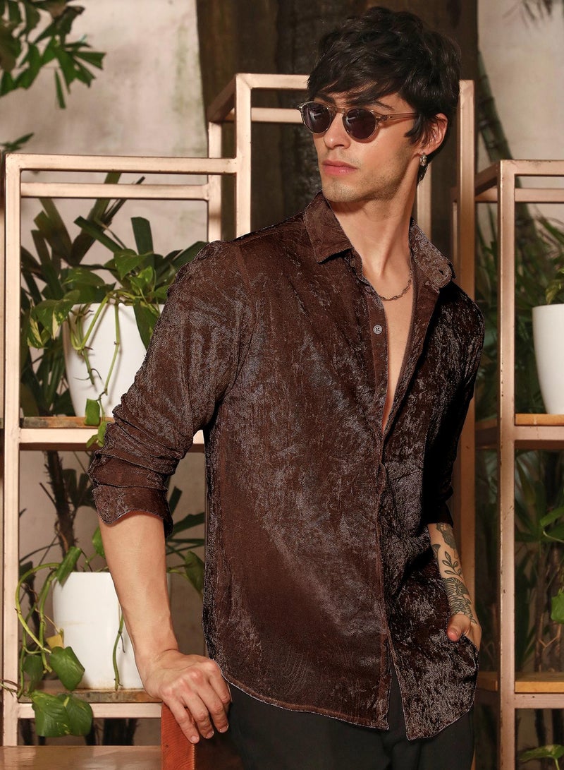 Campus Sutra Campus Sutra Men's Chocolate Brown Solid Velvet Shirt | Slim Fit Full Sleeve Spread Collar Solid Pattern | Velvet Woven Fabric For Club & Casual Wear - Image 1