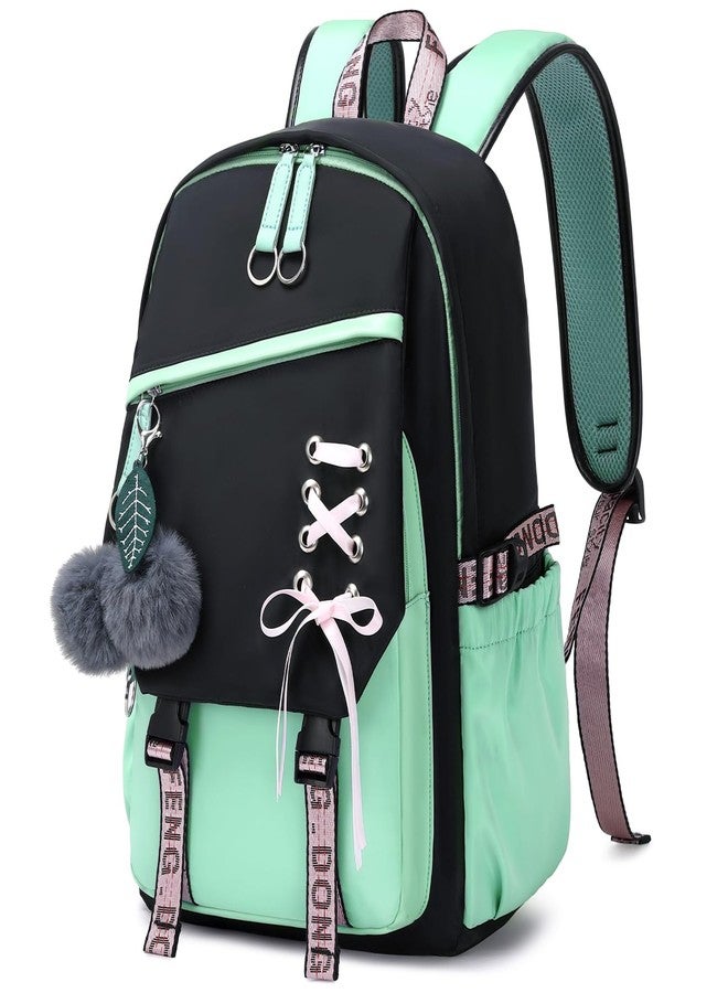 FENGDONG Teenage Girls Bookbag school Backpack Children Casual Daypack Schoolbag for Teens, Black Green, 17.7 x 12 x 5.9 inches - Image 1