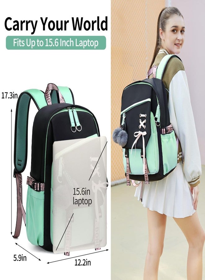 FENGDONG Teenage Girls Bookbag school Backpack Children Casual Daypack Schoolbag for Teens, Black Green, 17.7 x 12 x 5.9 inches - Image 3