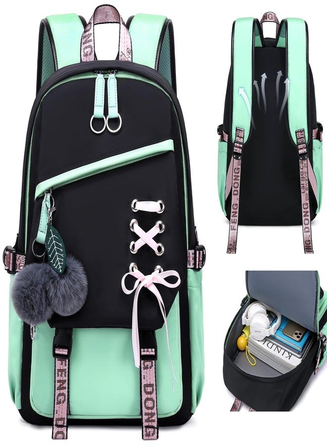 FENGDONG Teenage Girls Bookbag school Backpack Children Casual Daypack Schoolbag for Teens, Black Green, 17.7 x 12 x 5.9 inches - Image 2